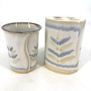 Handcrafted Bay Pottery Blue‎ Tan Glaze Toothbrush Holder and Bathroom Water Cup